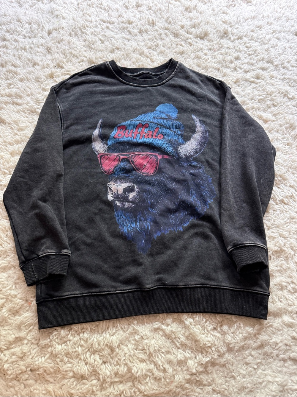 Buffalo Oversized Graphic Crewneck Sweater - Black